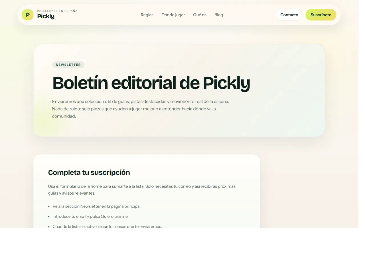 Página de newsletter de Pickly